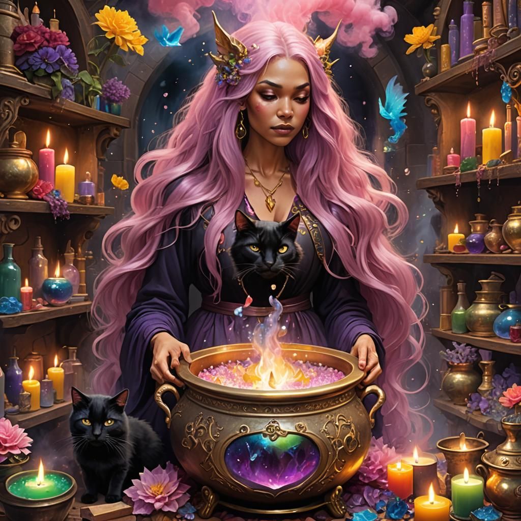 Magical Witch's Cauldron with Crystals and Dragon