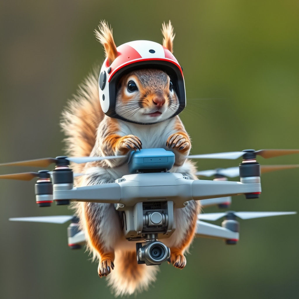 Squirrel Rides Drone Wearing Helmet