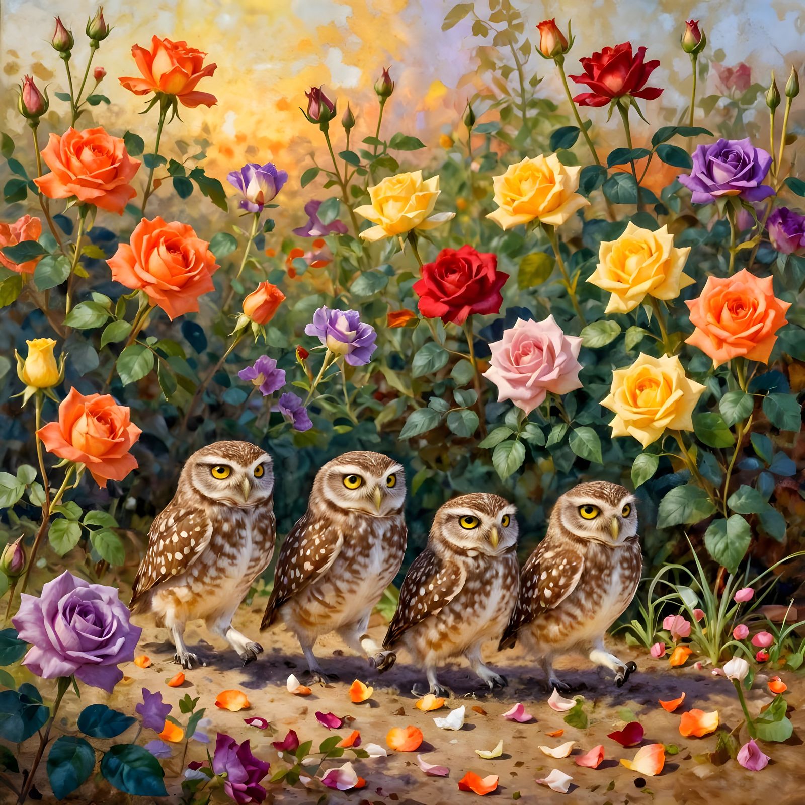 Burrowing Owls Marching Through a Rose Garden at Sunset