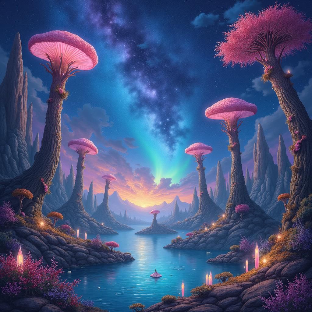 Enchanted Landscape with Crystal Castles and Astral Lights