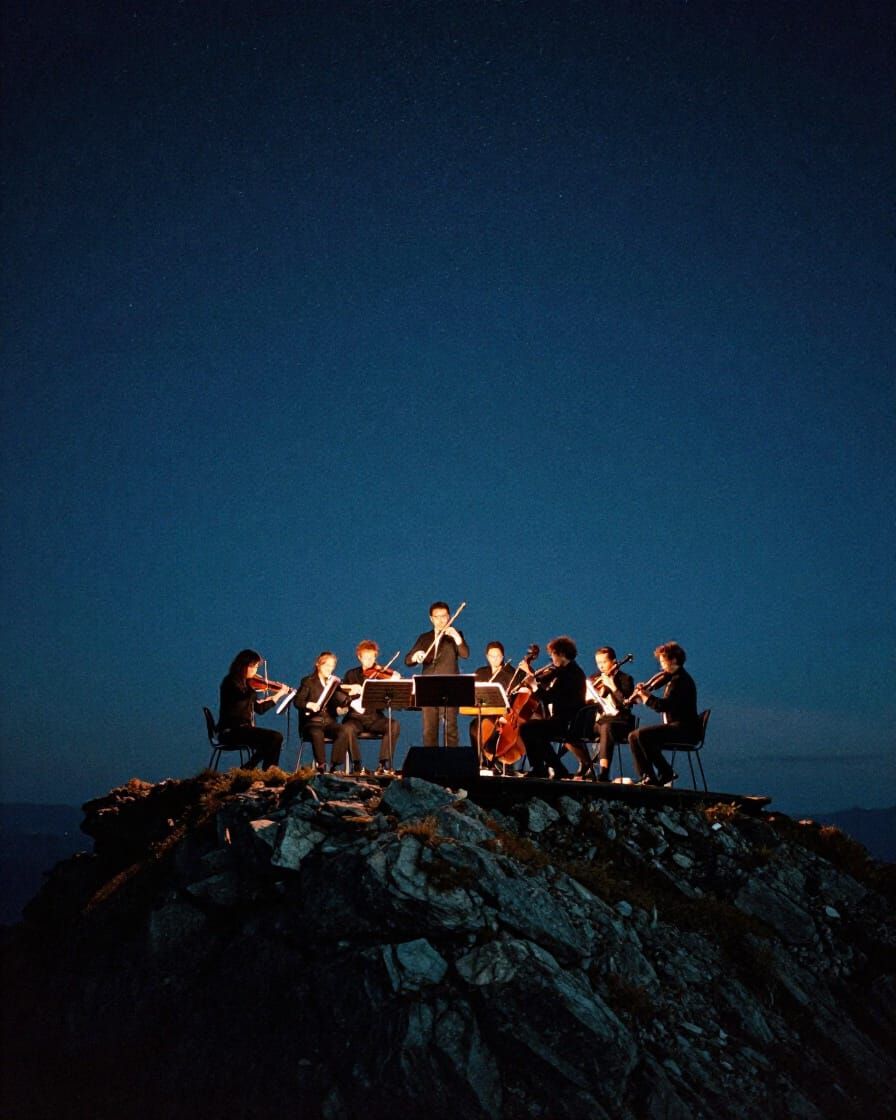 Grand Orchestra on Mountain Peak Under Starry Sky