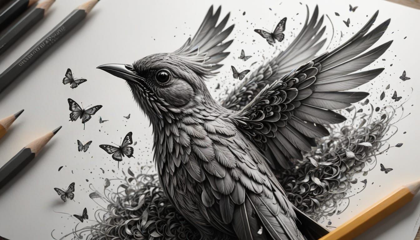 Pencil Sketch Comes Alive as Bird and Butterflies
