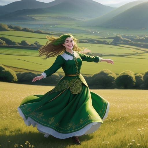 Joyful Irish Woman Dancing in Field: Realistic Anime Style