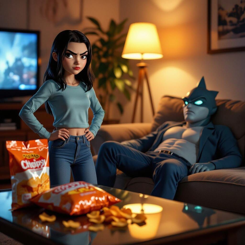 Shark Girl and Shark Head Man in Living Room