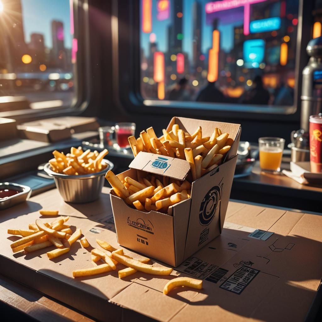 Cyberpunk Fries Still Life in Futuristic Restaurant