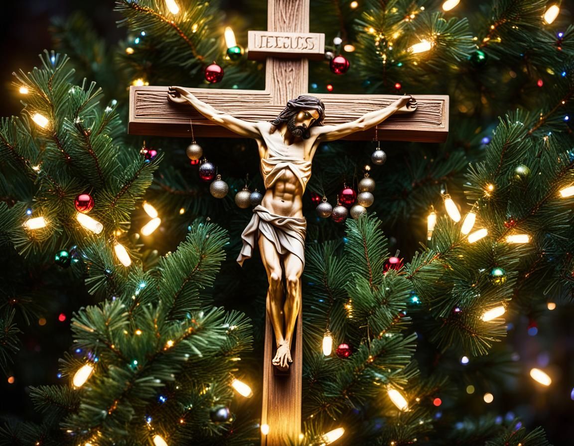 Jesus on the Cross with Christmas Decorations