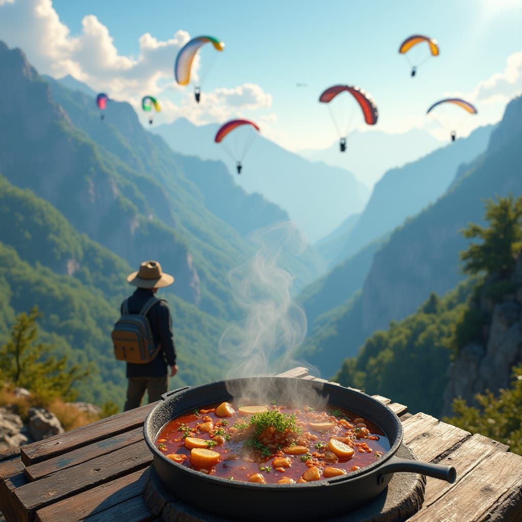 Georgian Feast: Caucasus Mountains and Parachutes