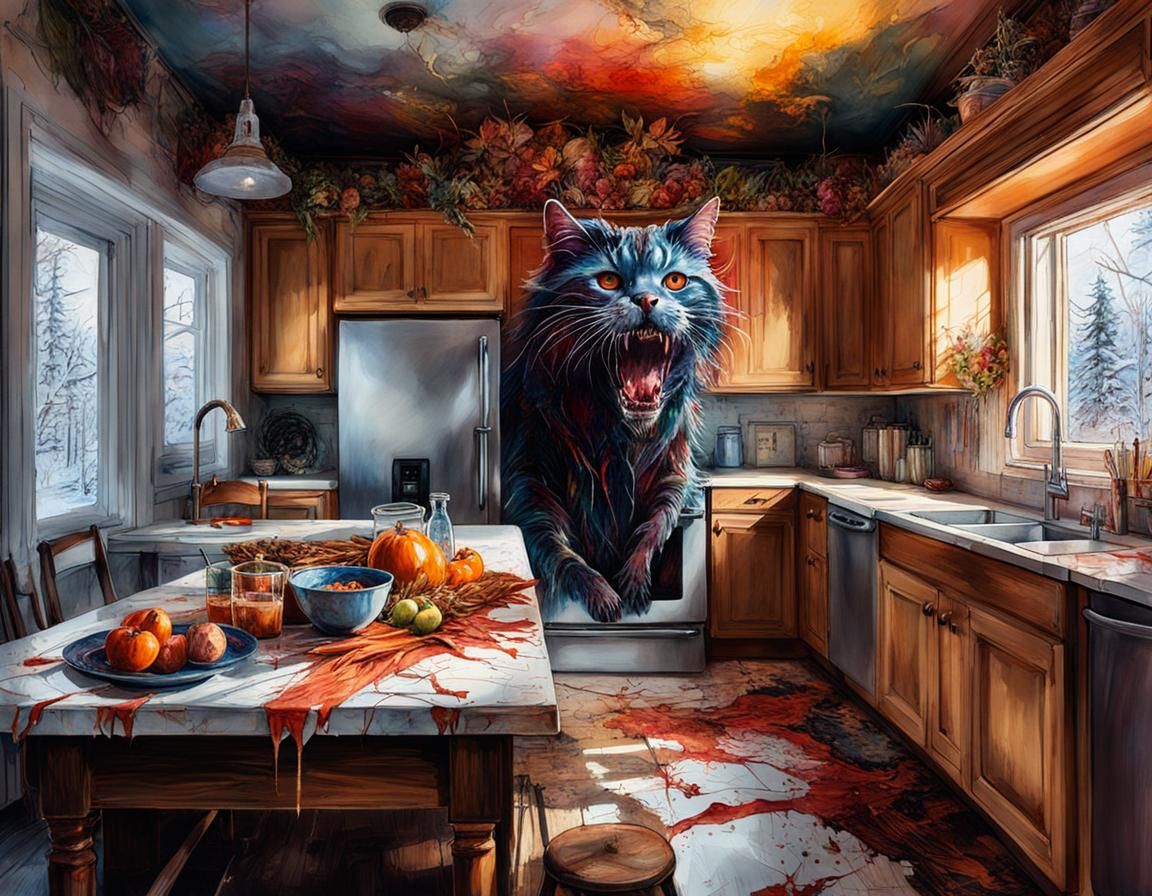 Macabre Cronenberg Bakeneko Monster in Neon Art Style