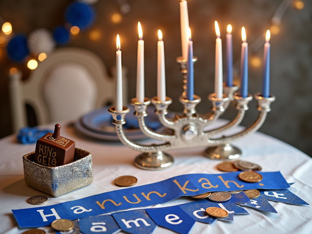 Festive Hanukkah Table with Dreidel and Menorah