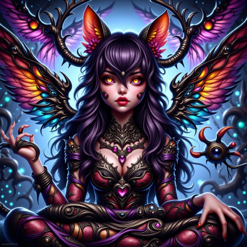 Whimsical Goth Cat Woman in Vibrant Cutecore Style