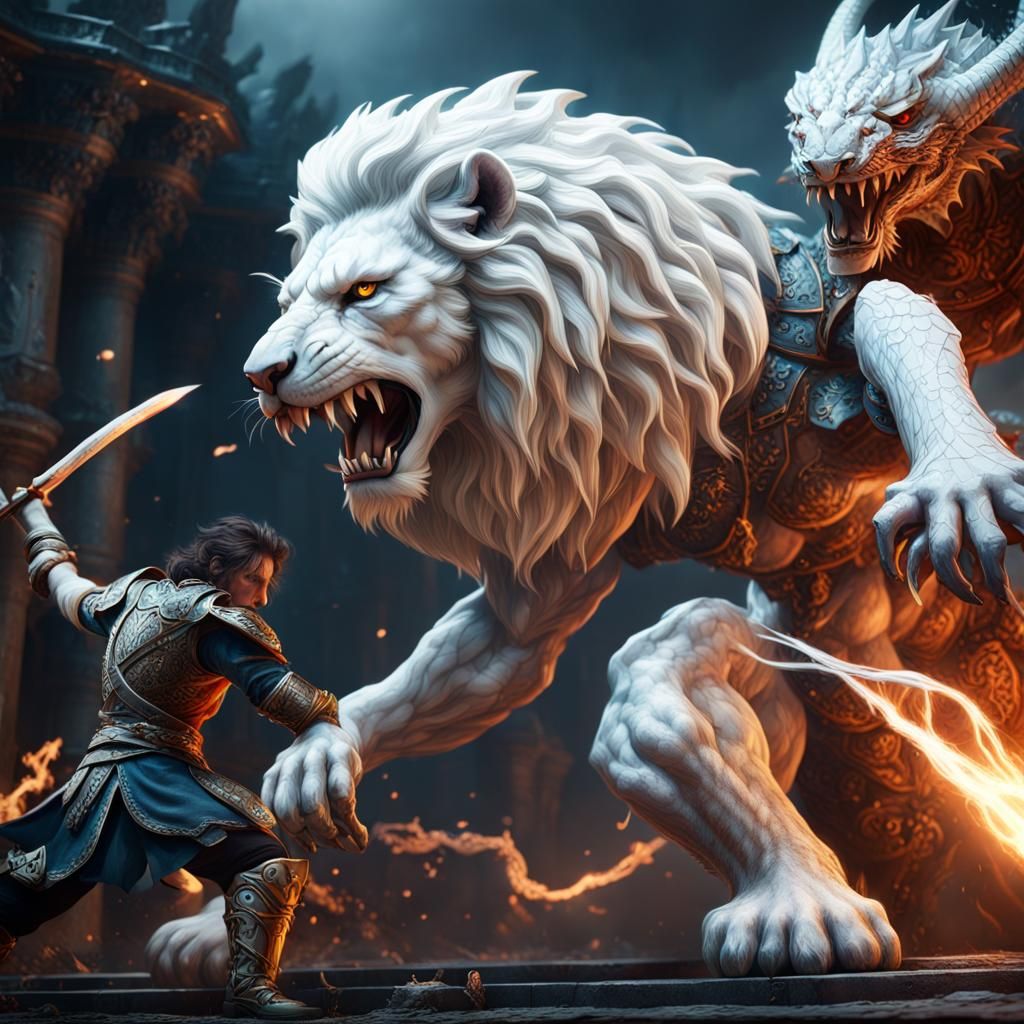 Electric Lion and Dragon Slayer Fantasy Art