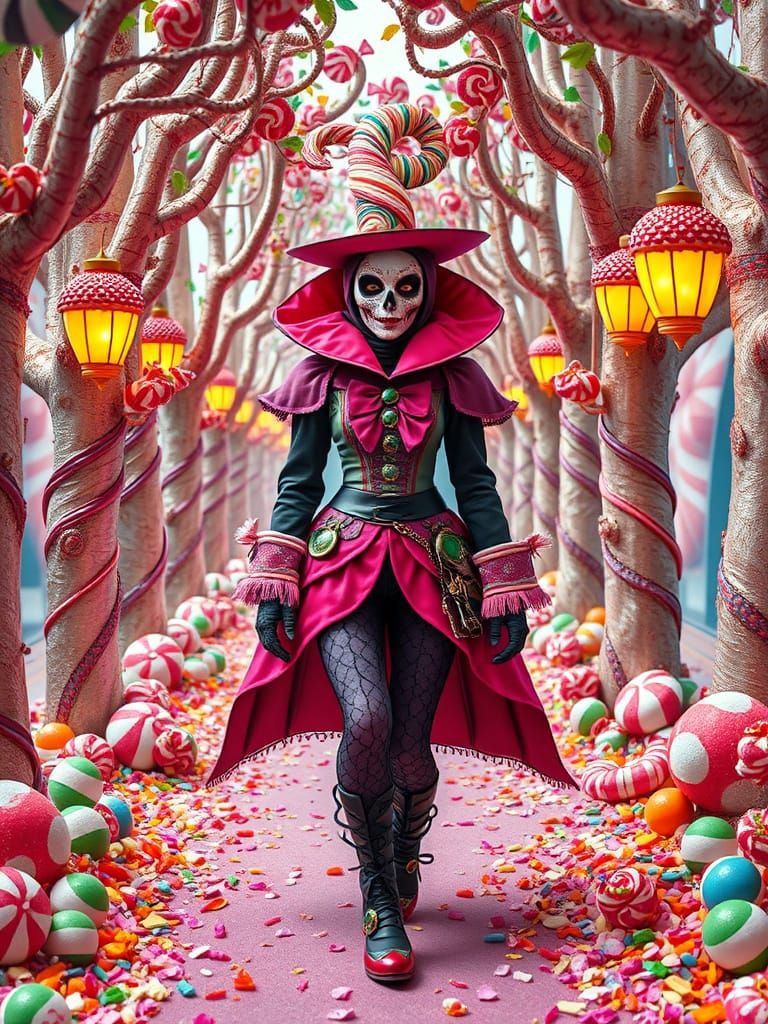 Candy Plague Doctor in Whimsical Forest