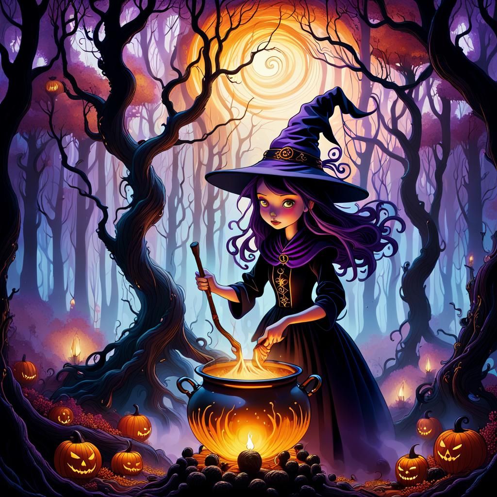 Whimsical Witch Stirring Cauldron in Misty Forest