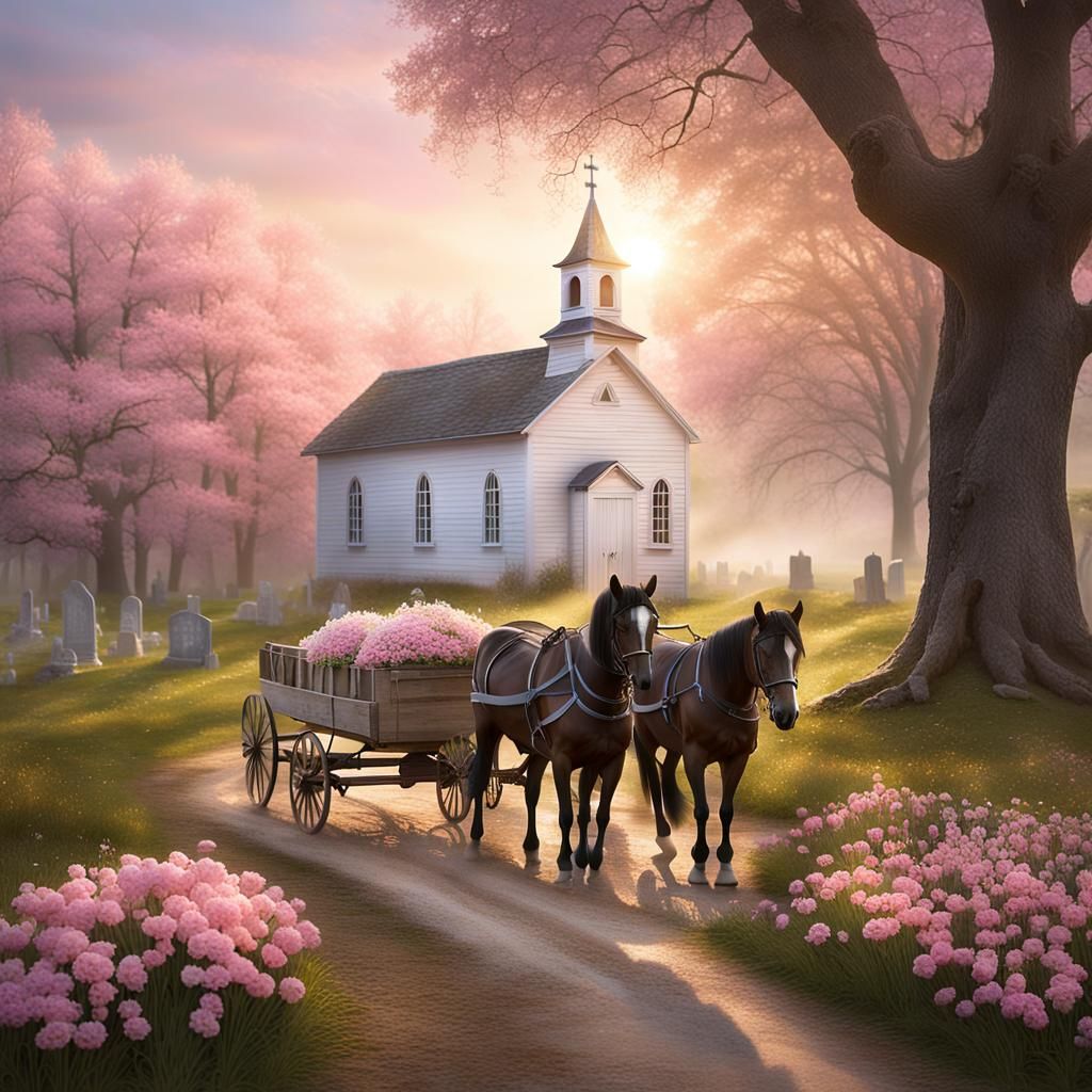 Horse and Wagon by Country Church, 1800s Style