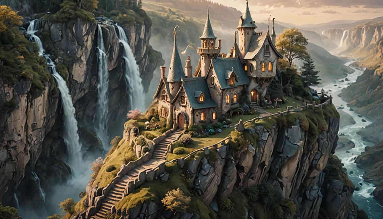 Whimsical Fairy Cottage Overlooking Waterfall