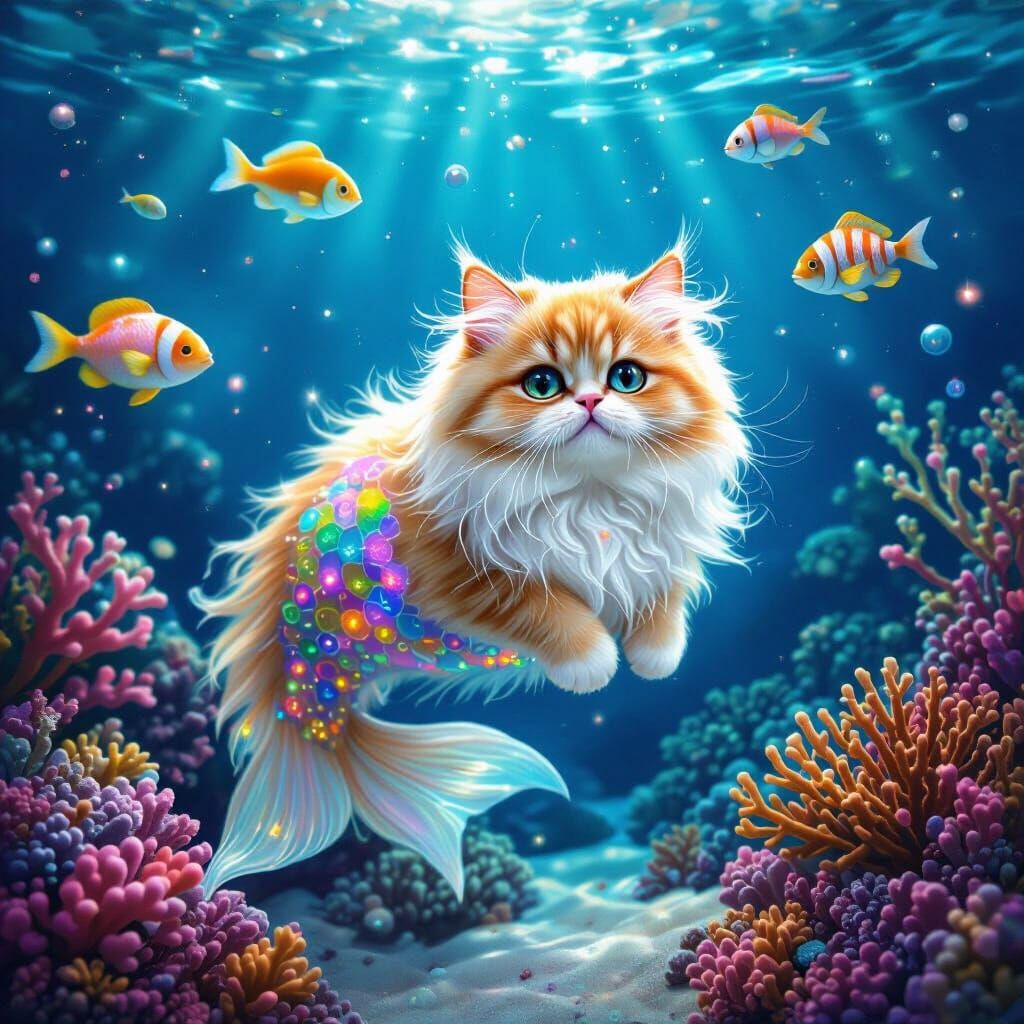 Bioluminescent Mermaid Cat with Coral Christmas Ornaments