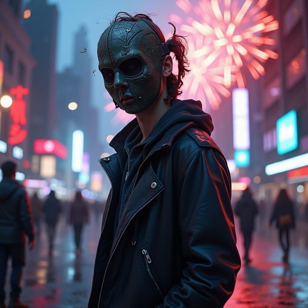 Man with Blue Eyes in Cyberpunk Fireworks Display