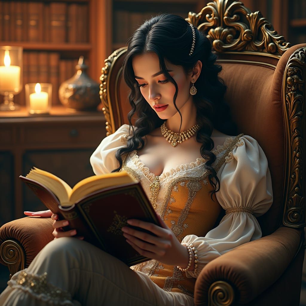 Aristocratic Woman Reading in Candle-Lit Library