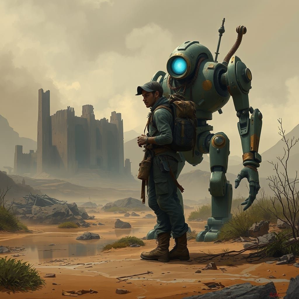 Post-Apocalyptic Traveler Discovers Ancient Robot in Ruins
