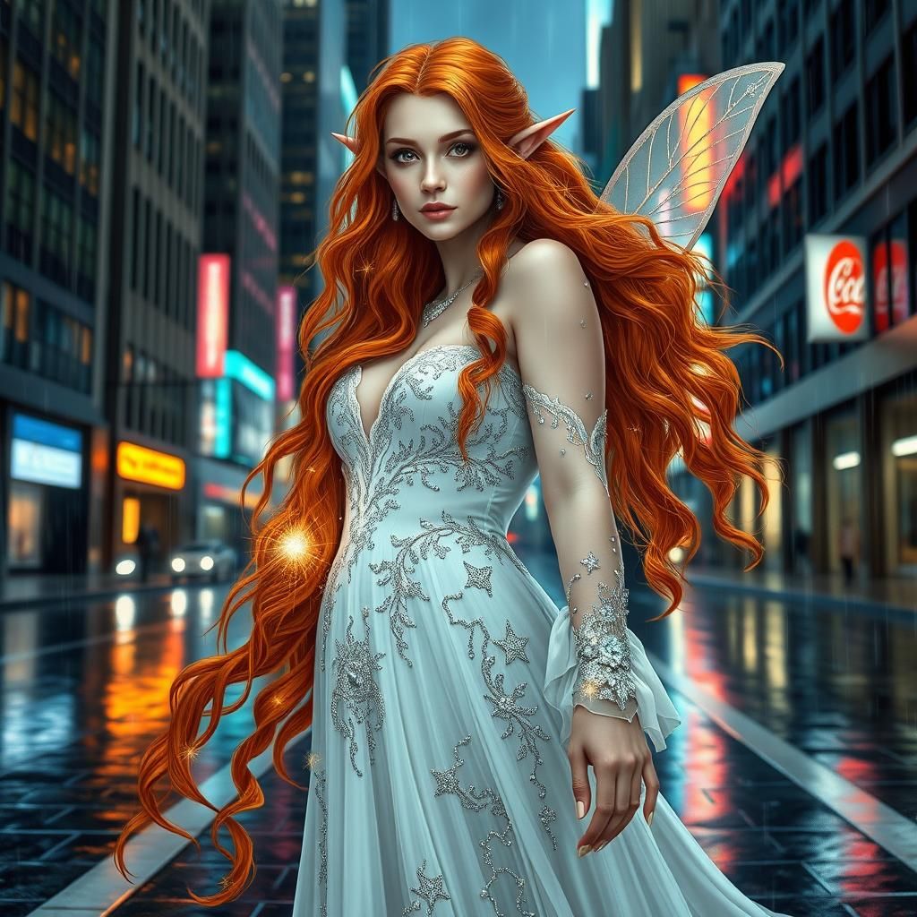 Fantasy Fairy Woman Casting Magic in Cityscape