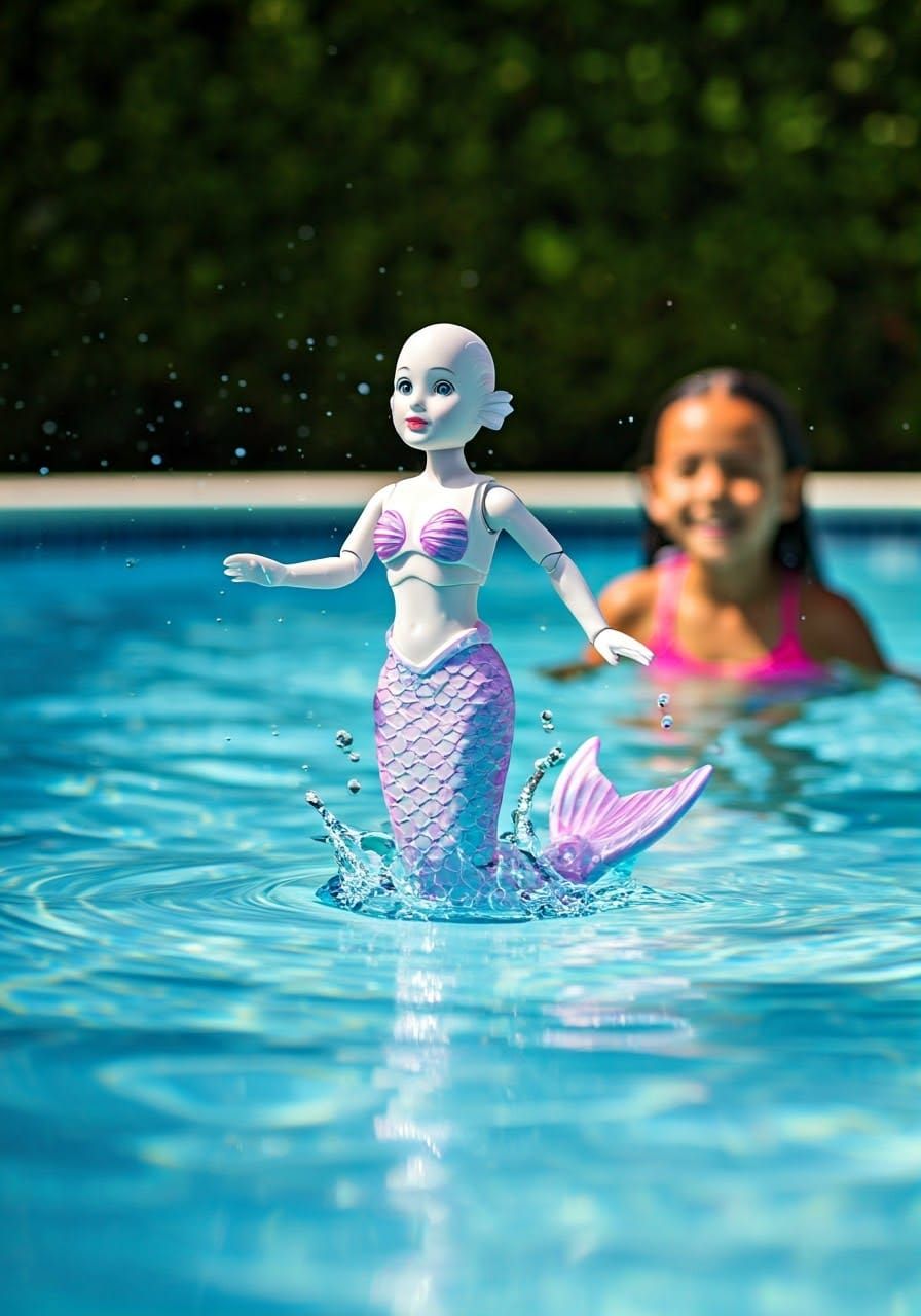 Robotic Mermaid Doll Leaping from Pool, Photorealistic