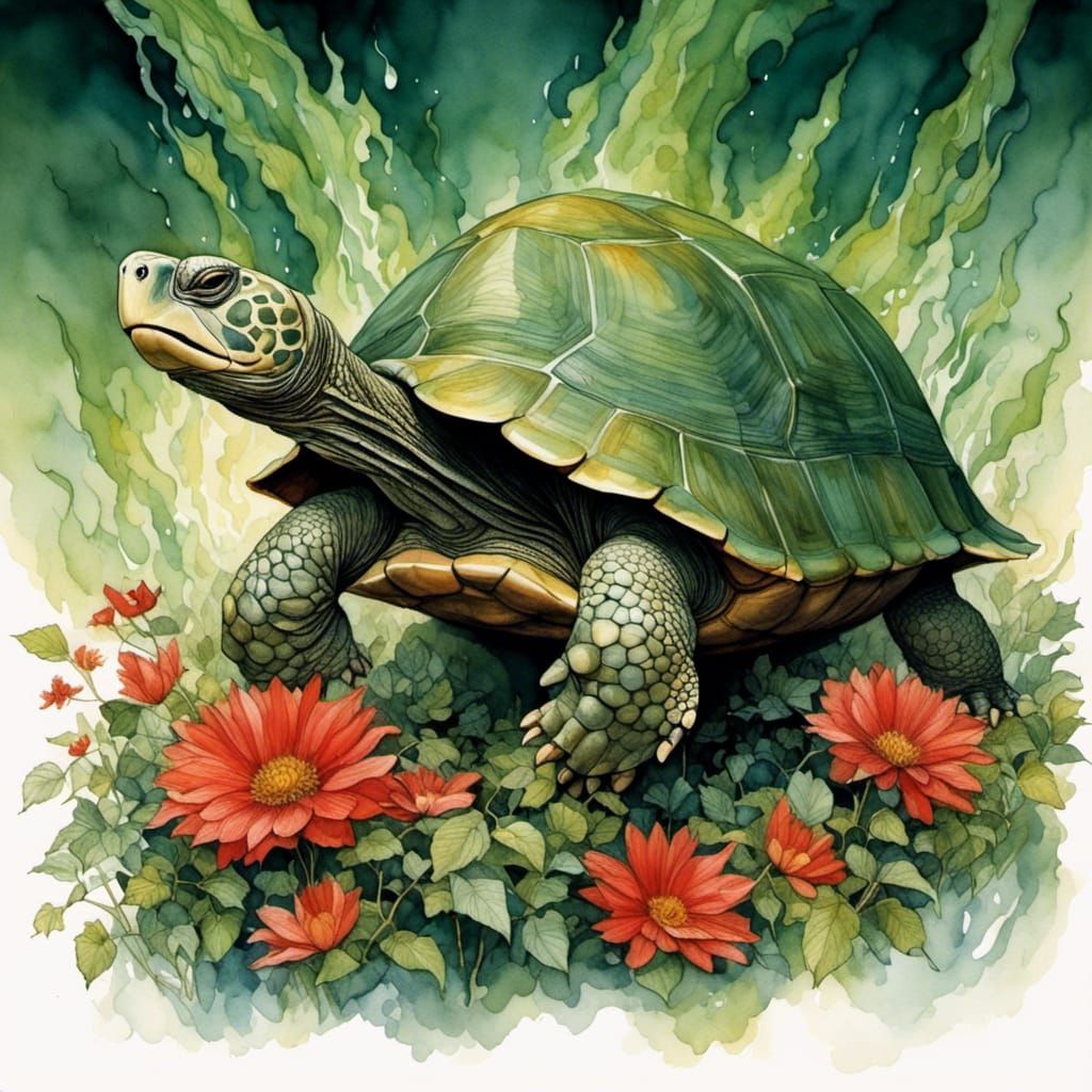 Giant Turtle with Flower Shell in Card Art Style