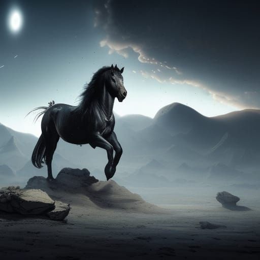 Black Stallion Horse on the Moon: Fantasy Art