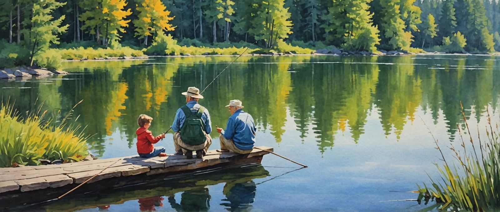 Fishing Lesson by the Lake: An Impressionist Gouache Paintin...