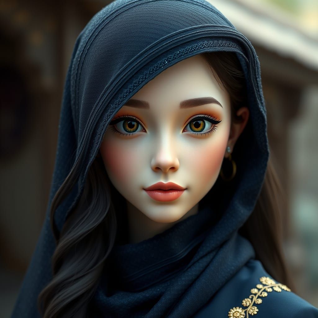Serene 3D Portrait of a Beautiful Woman in Dark Blue with Go...