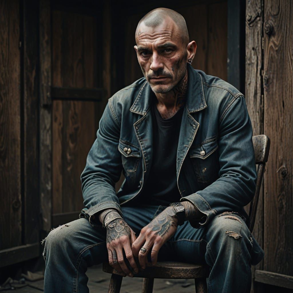 Strong, Tattooed Skinhead in Power Pose