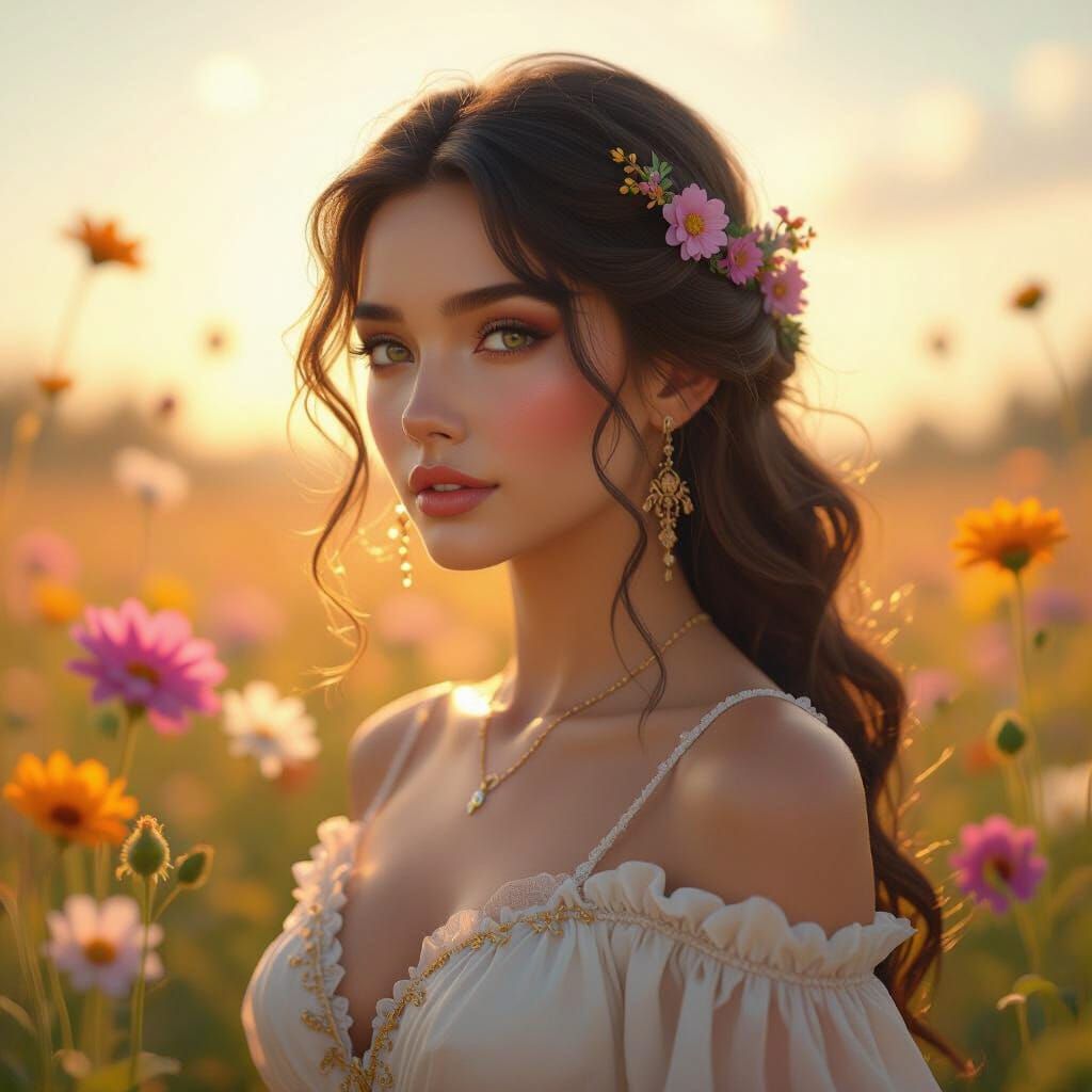 Divine Nature Goddess in Sunlit Flower Field