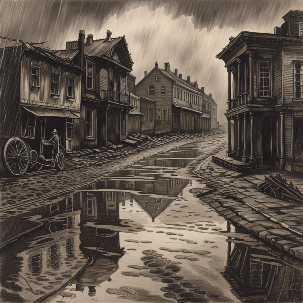 Charcoal Drawing of Postcard in War-Torn Town