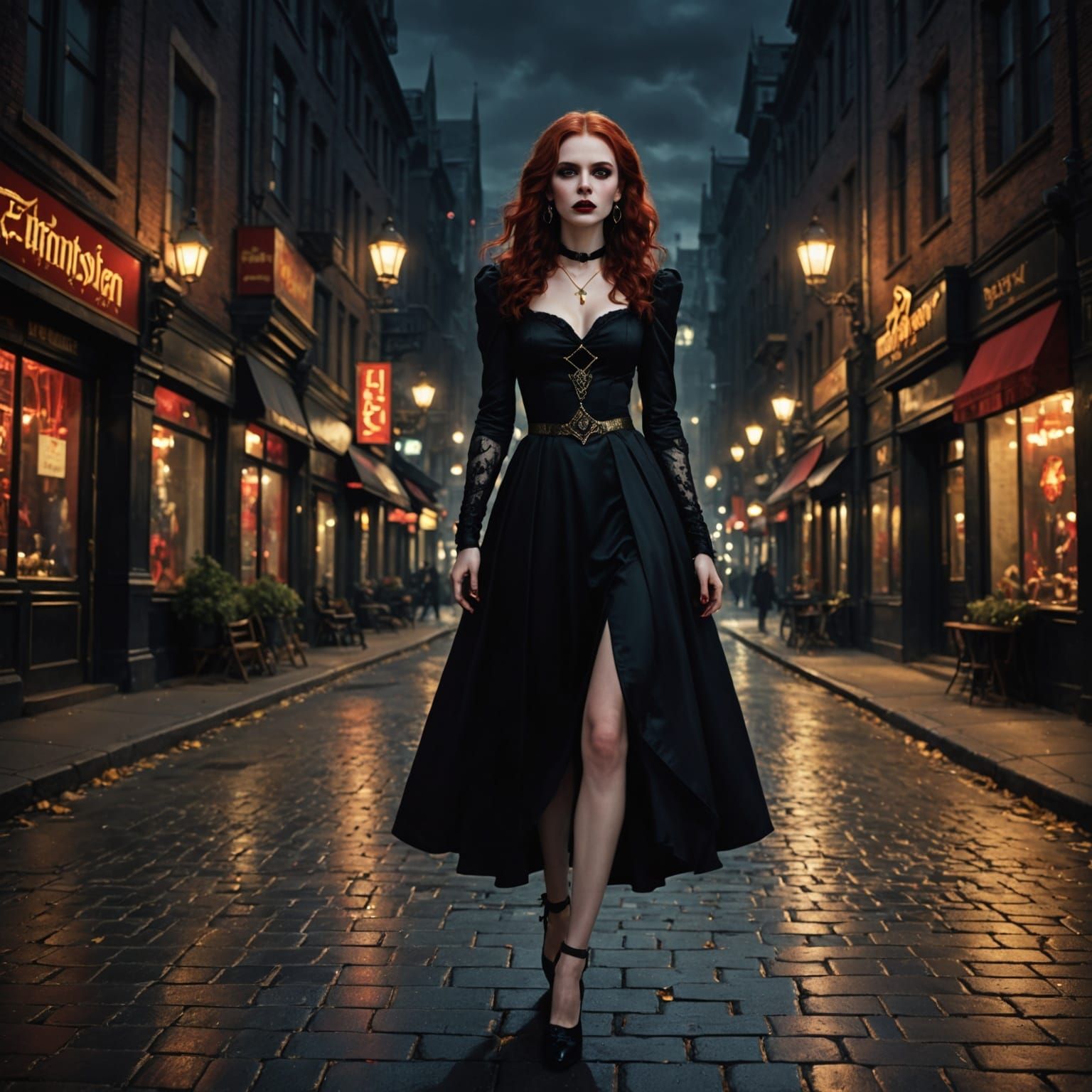 Young Vampire in Gothic Dress on City Sidewalk