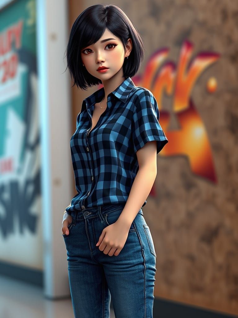 Thai Woman in Gingham Shirt: 3D Anime Art