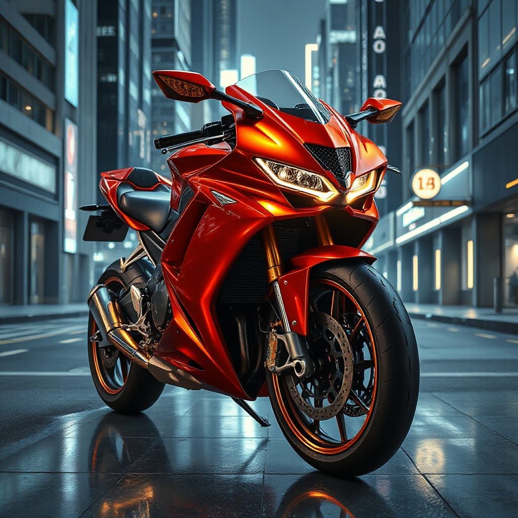 Gleaming Red Futuristic Motorcycle on Holographic Street