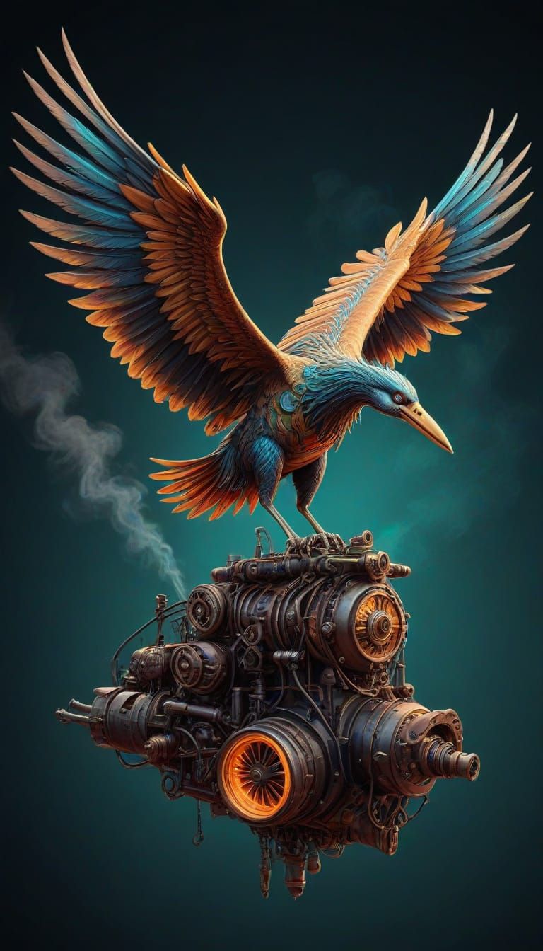 Steam Punk Flying Crane in Neon Splendor