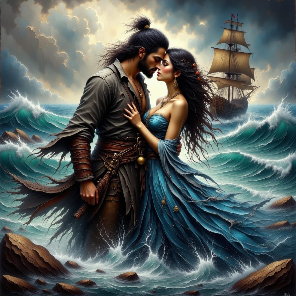 Passionate Pirate Kiss Amidst Stormy Seas