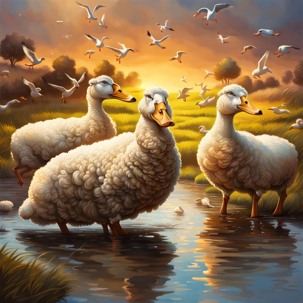Ducks Bothering Sheep in Hyperrealistic Splash Art