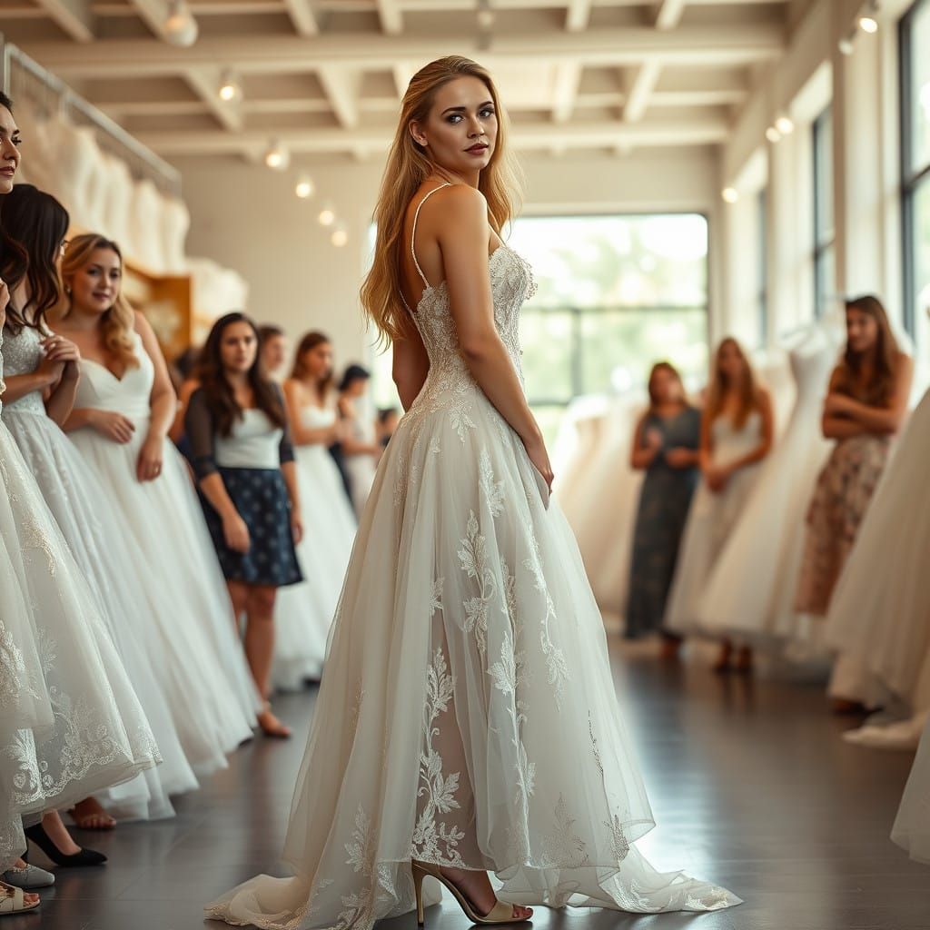 Confident Gentleman in Bridal Gown and Heels Surrounded by A...