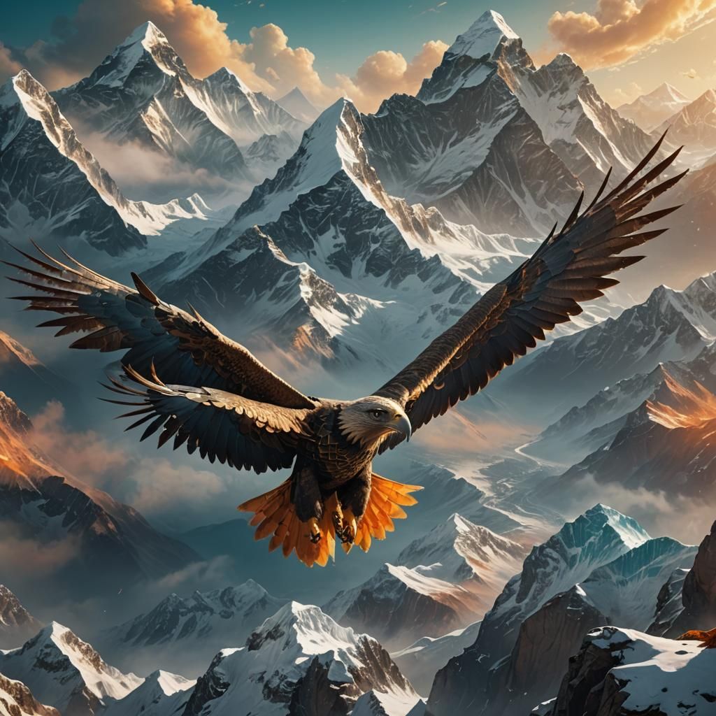Woman with Eagle Wings Flying Over Everest