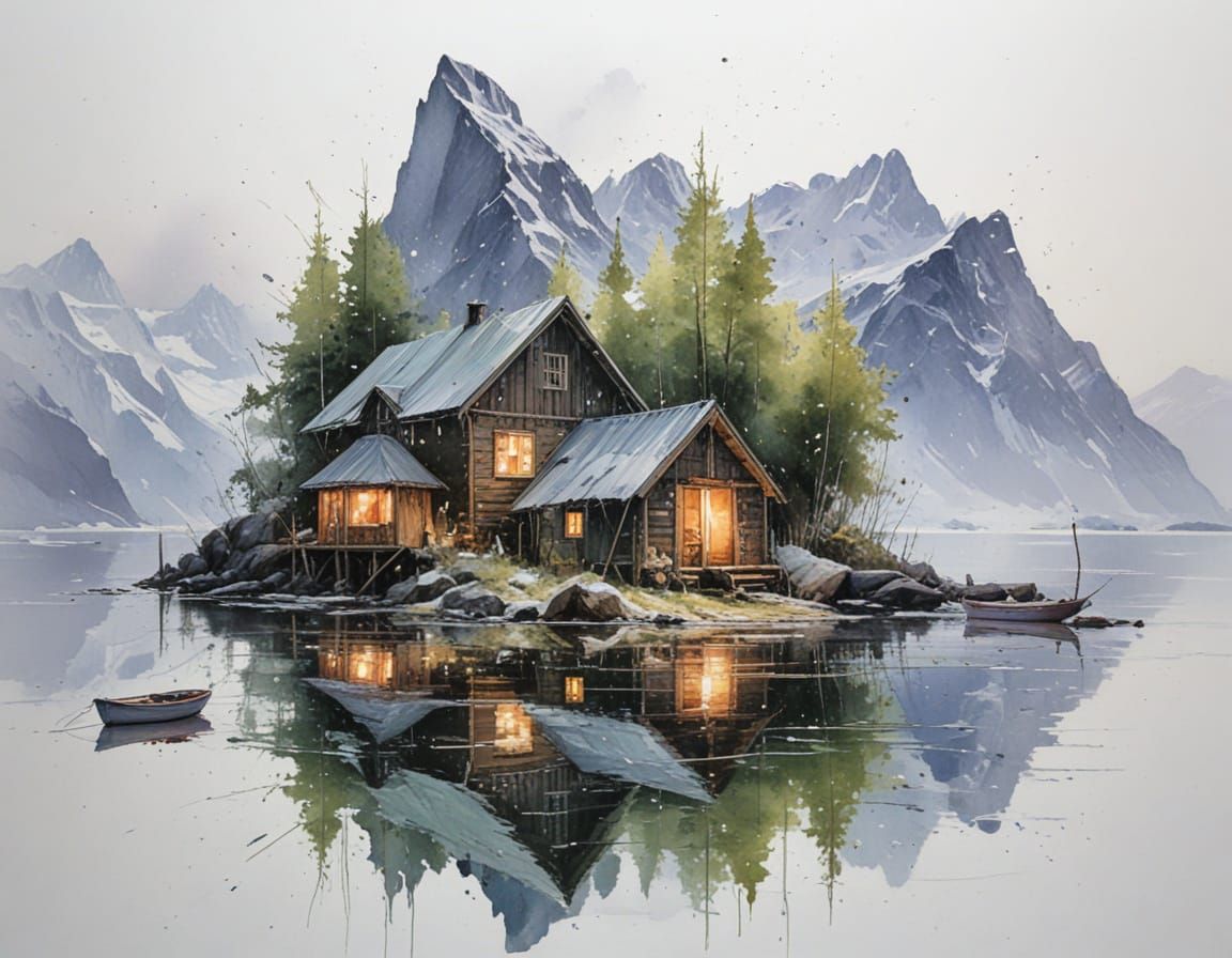 Aurora Borealis Over Frozen Fjord in Polar Night