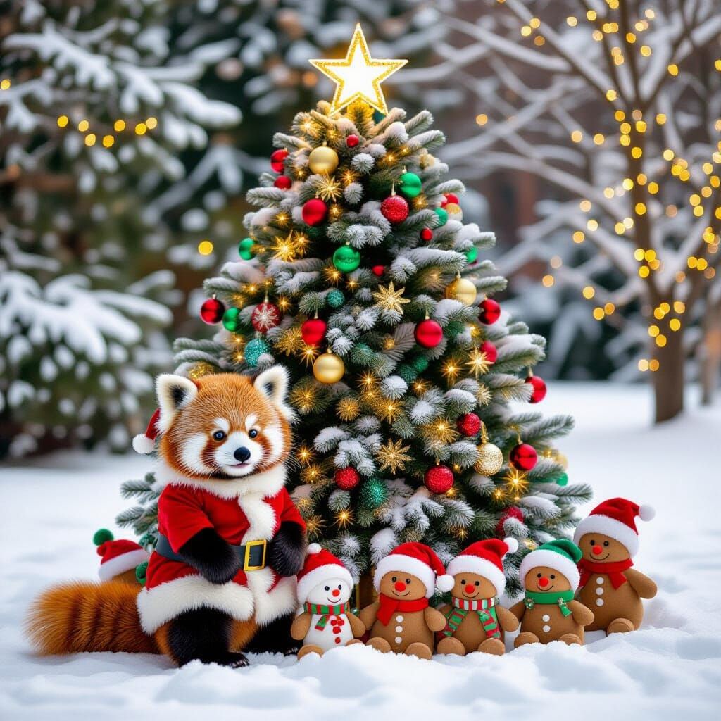 Red Panda in Santa Suit Decorates Snowy Tree