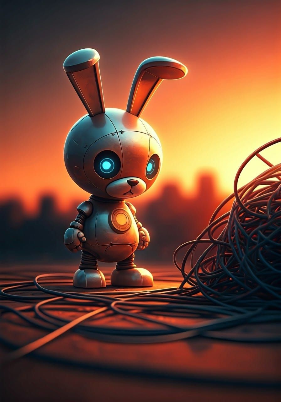 Whimsical Android Bunny Explores Wires in Sunset Glow