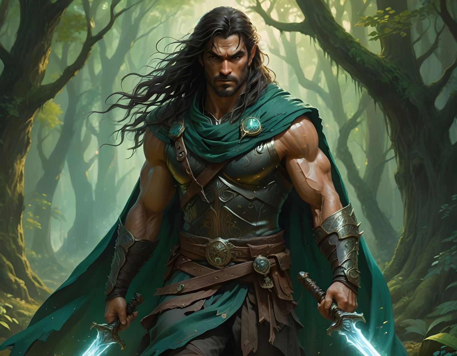 Mighty Fantasy Warrior Stands Tall in Ancient Forest