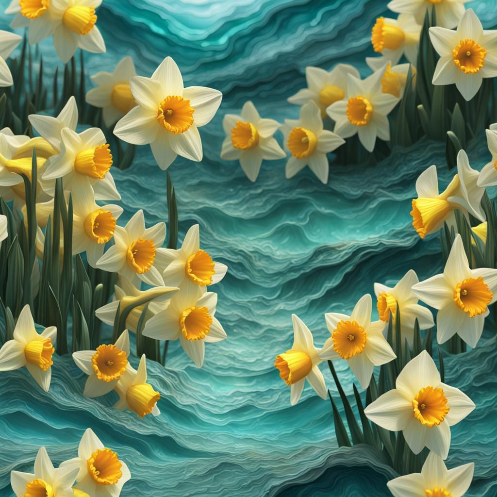 Aquamarine Daffodil Field in Dimensional Crinkle Tissue Styl...
