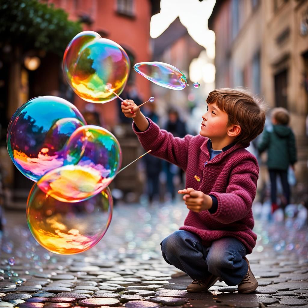 Iridescent Soap Bubbles on Cobblestone Street