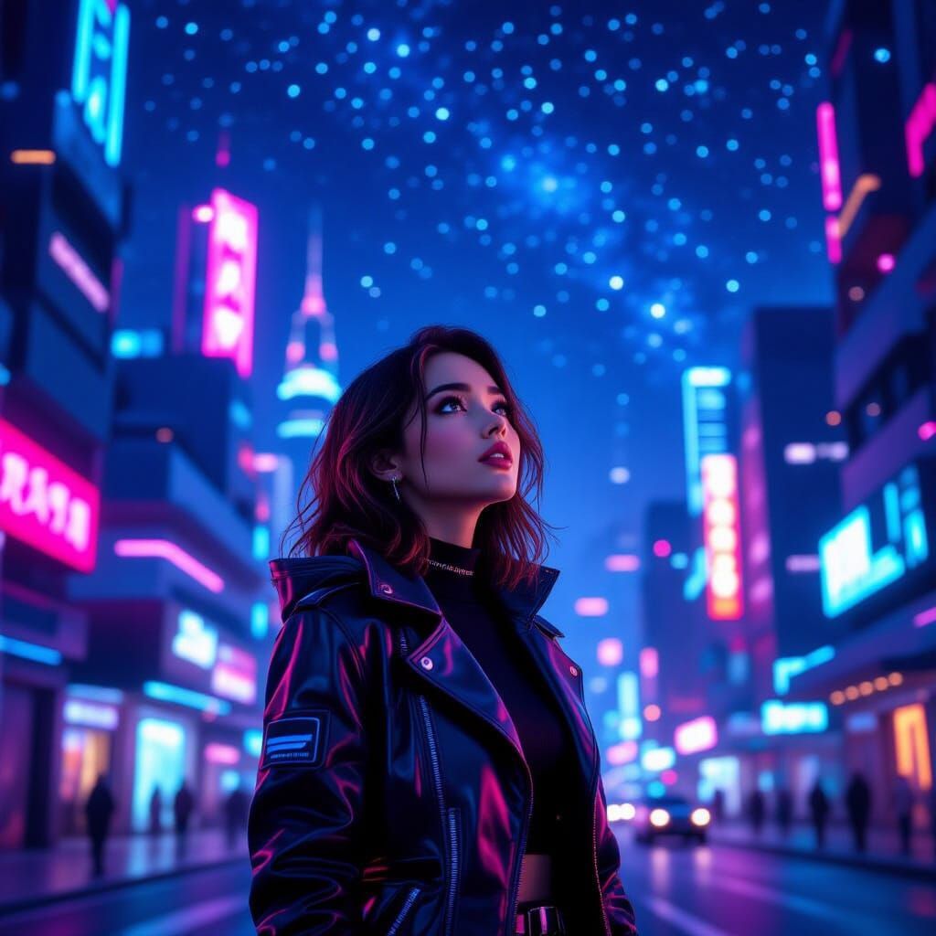 Neon Cityscape Portrait in Retrofuturistic Style