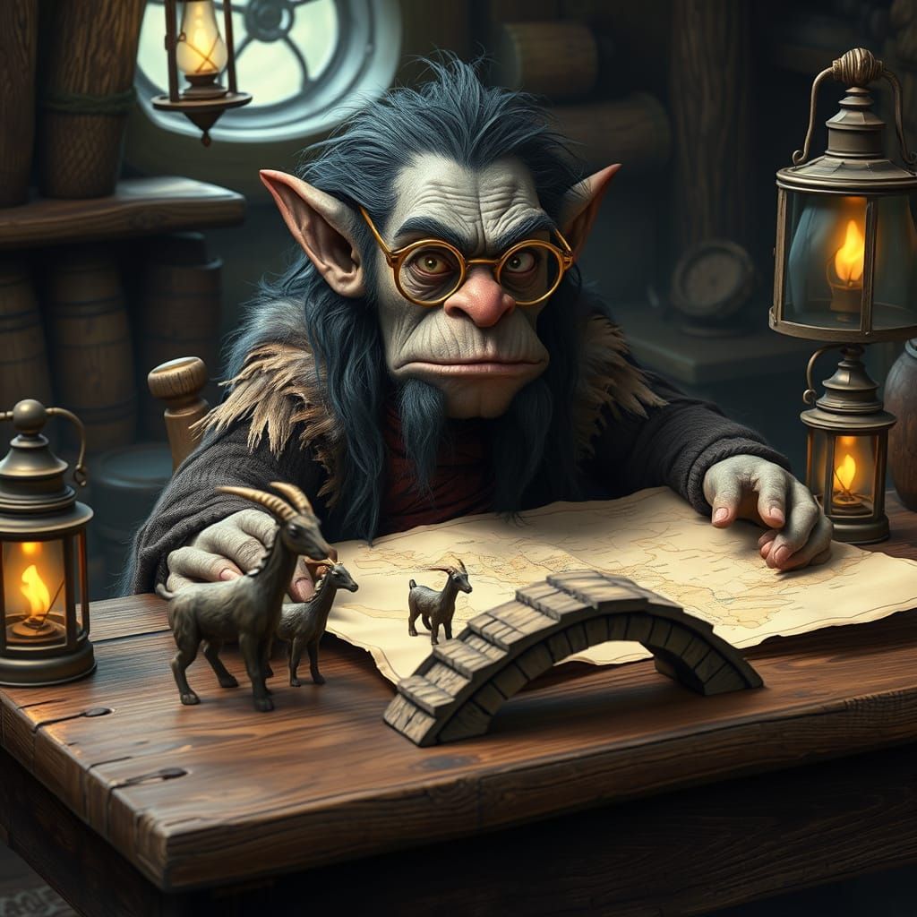 Troll Strategist at Desk: Detailed Matte Painting