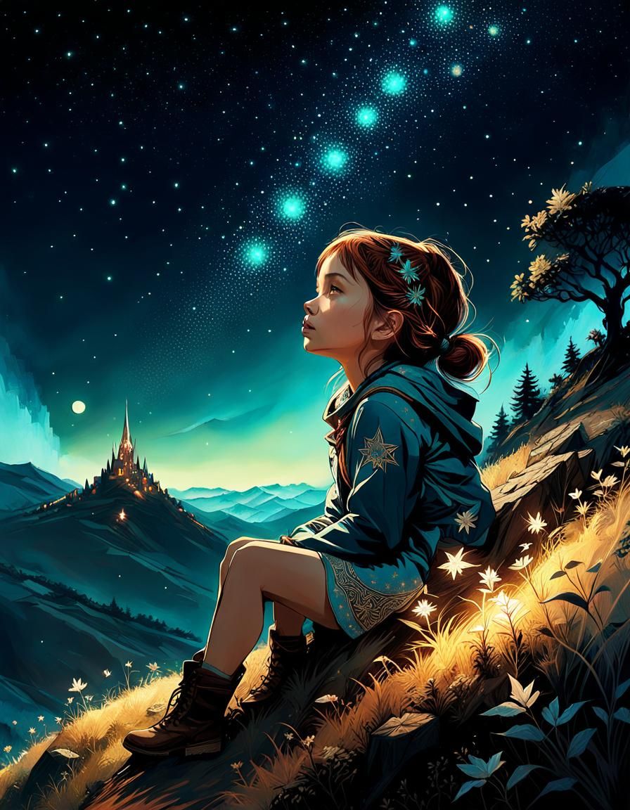Girl Gazing at Stars: Digital Concept Art