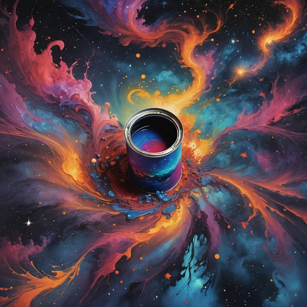 liquid starry night sky in a paint can that has been knocked...